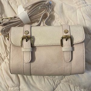 NWT Cream Faux Leather Anthro crossbody bag. Detachable strap
